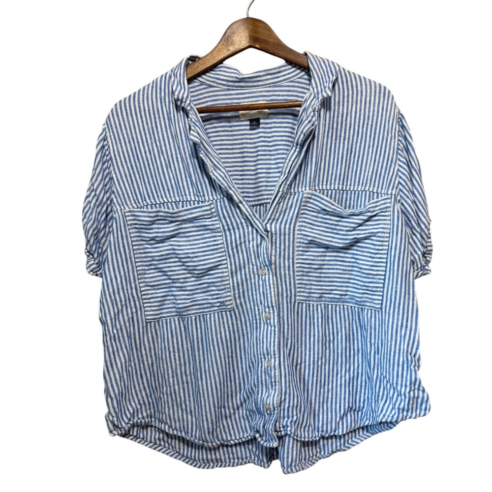Universal Thread Button Down Women XL Blue White Excellent Linen Blend Striped